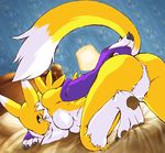  all_fours bed breasts butt canine claws digimon elbow_gloves female fox g-sun invalid_tag looking_at_viewer no_pussy nude oekaki over_the_shoulder presenting raised_tail renamon solo tail yellow 