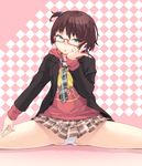  bad_id bad_pixiv_id brown_hair glasses green_eyes hood hood_down hoodie jacket maeda_risou necktie original panties plaid plaid_skirt rubber_band short_hair side_ponytail skirt solo spread_legs sweater underwear white_panties 