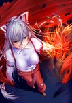  fire fujiwara_no_mokou grin highres long_hair red_eyes silver_hair smile solo suspenders touhou tsugaru_(co-walker) very_long_hair 