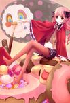  :&lt; candy cape charlotte_(madoka_magica) checkerboard_cookie chocolate cookie crossed_legs doughnut food fruit hair_ribbon konpeitou long_hair mahou_shoujo_madoka_magica outstretched_arm pantyhose personification pink_hair pocky puffy_sleeves red_eyes red_legwear ribbon sitting skirt solo strawberry sweets tsukimiya_kamiko twintails 