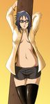  alternate_hair_color artist_request bangs black_hair breasts female glasses karin_(naruto) long_image midriff naruto naruto_shippuuden no_bra open_clothes open_shirt shirt solo stockings tall_image thighhighs 
