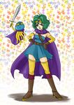  boots cape circlet cosplay curly_hair detached_sleeves dragon_quest dragon_quest_iii dragon_quest_iv dress gloves green_hair hands_on_hips heroine_(dq4) hoimi_slime nao_(moji) purple_eyes roto roto_(cosplay) short_hair sword thighhighs weapon zettai_ryouiki 