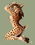  breasts brown_eyes brown_hair female hair hand_on_head looking_at_viewer nude paws red_dog serval short_tail side_boob solo spots tail 