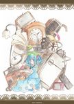  absurdres barefoot blue_eyes blue_hair blush broken cassette_player clock controller fan game_controller gamepad hair_bobbles hair_ornament hand_on_headwear hat highres kawashiro_nitori kneeling lamp microwave phone phonograph pocket radiator refrigerator short_twintails sink smile solo television touhou twintails two_side_up wrench 