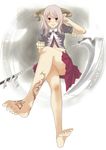  bandages barefoot crossed_legs feet highres horns legs long_hair original pointy_ears purple_hair red_eyes scythe sitting skirt solo tattoo toes yoshihiro 