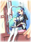  animal_ears blue_hair book braid bunny_ears cup curtains hairband holding holding_book koflif long_hair long_sleeves monocle open_book original reading red_eyes sitting smile solo teacup thighhighs very_long_hair white_legwear window 