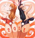  2girls animal_ears ass ass-to-ass bare_legs black_hair breasts brown_eyes bunny_ears bunny_tail bunnysuit huge_breasts long_hair multiple_girls nami_(one_piece) nico_robin one_piece orange_hair profile smile tail tattoo usatarou wrist_cuffs 