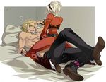  abs ash_crimson bad_id bad_pixiv_id bed blonde_hair boots cropped_jacket hairband heart highres hyakkimaru_(100mani) jewelry male_focus multiple_boys muscle necklace pants pillow red_pants shen_woo shirtless straddling the_king_of_fighters yaoi 