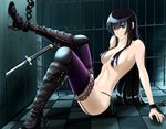  ankle_cuffs bdsm black_hair blue_eyes bondage bound breasts busujima_saeko chain cuffs garter_straps hair_censor hair_over_breasts highres highschool_of_the_dead inari_(ambercrown) katana lace lace-trimmed_thighhighs leg_up legs lingerie long_hair long_legs medium_breasts navel no_bra open_mouth parted_lips planted_sword planted_weapon purple_legwear sitting solo sword thighhighs thighs topless underwear very_long_hair weapon 