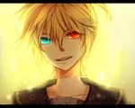  &gt;:) bangs blonde_hair blue_eyes heterochromia kagamine_len letterboxed male_focus mukkun open_mouth portrait red_eyes short_ponytail smile solo v-shaped_eyebrows vocaloid 