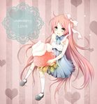  bad_id bad_pixiv_id bare_shoulders bow choker dress food fruit green_eyes hair_bow highres holding holding_food holding_fruit kneehighs long_hair mary_janes nyaroro original pink_hair shoes sitting smile solo strawberry very_long_hair whipped_cream 