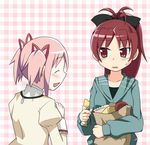  bag blush bow food hair_bow hair_ribbon kaname_madoka mahou_shoujo_madoka_magica mitakihara_school_uniform multiple_girls open_mouth pink_hair ponytail red_eyes red_hair ribbon sakura_kyouko school_uniform shirika short_hair short_twintails smile sweatdrop twintails 