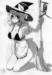  adapted_costume apron bamboo_broom bikini_top bow braid breasts broom choker cleavage collarbone covered_nipples doru_riheko eyelashes frilled_apron frills greyscale hair_ornament hat hat_bow highres kirisame_marisa kneeling large_breasts legs looking_at_viewer midriff monochrome naked_apron navel no_panties non-web_source puffy_short_sleeves puffy_sleeves scan short_hair short_sleeves single_braid smile solo star thighs touhou wide_hips witch_hat wrist_cuffs 