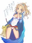  blue_eyes breasts cape cleavage dissidia_012_final_fantasy dissidia_final_fantasy earrings final_fantasy final_fantasy_vi jewelry kara_(color) leotard medium_breasts open_mouth ponytail solo tina_branford translated 