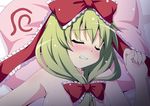  areolae blush bow clenched_teeth closed_eyes frills front_ponytail green_hair hair_bow hair_ribbon highres kagiyama_hina lying nude on_back out-of-frame_censoring pillow pov ribbon sexually_suggestive solo sweat teeth touhou upper_body yamasan 