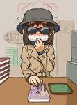  blush book bookstore brown_hair female_pervert hat mitsudomoe pervert pornography shop solo sunglasses surgical_mask translation_request trench_coat yoshioka_yuki yougasu 