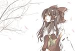  ascot bow brown_eyes brown_hair detached_sleeves hair_bow hair_ornament hakurei_reimu long_hair petals solo toudou_(dolce) touhou 