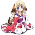  blonde_hair blue_eyes canine dog dog_ears doggirl female hair japanese_clothing kimono long_blonde_hair long_hair mammal plain_background solo tail unknown_artist white_background 