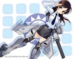  aircraft airplane brown_eyes brown_hair dutch_angle f-ck-1 girl_arms gun jet long_hair mecha_musume military necktie personification salute skirt solo thighhighs wallpaper weapon zeco 