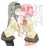  akemi_homura anger_vein black_hair black_hairband chinchilla forced hairband kaname_madoka kiss long_hair mahou_shoujo_madoka_magica mitakihara_school_uniform multiple_girls pantyhose pink_hair school_uniform short_hair short_twintails translated twintails yuri 