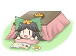 :&lt; aonagi_ibane black_hair blush chibi drooling food fruit kotatsu magazine mandarin_orange open_mouth reiuji_utsuho simple_background solo table touhou |_| 