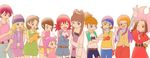  6+girls amano_nene belt blonde_hair brown_hair crossed_arms digimon digimon_adventure digimon_adventure_02 digimon_adventures_02 digimon_frontier digimon_savers digimon_tamers digimon_xros_wars dress female fujieda_yoshino glasses gloves hat heart hinomoto_akari inoue_miyako katou_juri li_shaochung makino_ruki multiple_girls orimoto_izumi pink_hairoveralls pink_hat ponytial puppet purple_hair red_hair shorts stampede_string striped tachikawa_mimi takenouchi_sora wink yagami_hikari 