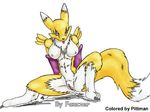  blue_eyes breasts canine claws collaboration crouching digimon female fox foxczer gloves nude pittman pussy renamon solo tail tongue white_background 