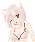  animal_ears bare_shoulders bob_cut bra breasts cat_ears cleavage fingernails hands lingerie one_eye_closed original pink_hair red_eyes saliva short_hair simple_background small_breasts solo underwear underwear_only upper_body yui_(spica) 