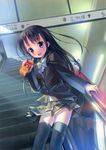  :d absurdres black_hair black_legwear black_thighhighs blazer blue_eyes copyright_request escalator female highres indoors juice long_hair open_mouth school_uniform skirt smile solo takoyaki_(roast) thighhighs zettai_ryouiki 