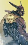  1girl appleseed armor blonde_hair briareos_hecatonchires couple cyberpunk cyborg deunan_knute gun handgun headset hetero highres ikeda_masateru lips realistic robot science_fiction short_hair weapon yellow_eyes 