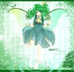  aldehyde ascot bare_legs barefoot blue_eyes blush bracelet breasts curly_hair daiyousei dress embellished_costume green_hair highres impossible_clothes insect_wings jewelry light_particles looking_at_viewer medium_breasts navel necklace ring side_ponytail skin_tight smile solo touhou wings 