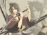  asa_no_ha_(pattern) bad_id bad_pixiv_id blood brown_hair hakuouki_shinsengumi_kitan japanese_clothes male_focus minato_(robin) okita_souji_(hakuouki) solo sword weapon zoom_layer 