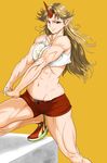  &gt;:) abs blonde_hair crop_top earrings hands_clasped horn hoshiguma_yuugi jewelry long_hair looking_at_viewer midriff muscle muscular_female nail_polish navel no_socks own_hands_together pointy_ears red_eyes shoes short_shorts shorts simple_background smile sneakers solo stretch touhou tsurui unzipped v-shaped_eyebrows yellow_background 