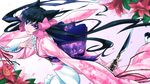  animal_ears black_hair bow flower highres japanese_clothes kimono knife long_hair nana_g otome_youkai_zakuro petals pink_bow purple_eyes solo twintails zakuro_(otome_youkai_zakuro) 