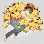  animal animal_hug baseball_cap brown_hair gen_1_pokemon hat hat_removed headwear_removed holding holding_pokemon lowres lying male_focus pikachu pixiv_red pokemon pokemon_(creature) pokemon_(game) red_(pokemon) red_(pokemon_rgby) surrounded tomare_(akashingou) too_many too_many_pikachu 