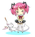  &gt;_&lt; 1girl :&lt; :3 bad_id bad_pixiv_id blush chibi closed_eyes face hair_ribbon implied_pantyshot kaname_madoka kyubey mahou_shoujo_madoka_magica minoa_(lastswallow) mitakihara_school_uniform pink_hair ribbon school_uniform short_hair simple_background teardrop tears thighhighs twintails white_legwear 