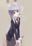  animal_ears bad_id bad_pixiv_id blazer bunny_ears highres jacket long_hair nakamura_(marakimi) necktie purple_hair red_eyes red_neckwear reisen_udongein_inaba solo touhou water water_dispenser 