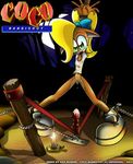  bdsm blonde_hair bondage bottomless coco_bandicoot crash_bandicoot_(series) dildo dildopult dripping female fire_in_the_hole green_eyes hair pussy_juice san_renard sex_toy shoes sling-schlong standing 