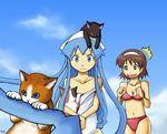  animal animal_on_head brown_eyes brown_hair cat cat_on_head dress hairband hat highres ikamusume long_hair mimiyama_kiichi multiple_girls nagatsuki_sanae on_head open_mouth shinryaku!_ikamusume swimsuit tentacle_hair tentacles 