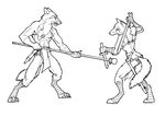  absurd_res asheru asheru_(setting) canine dagger female hi_res inks lucius male polearm practice scott_ruggels spear sword training warrior weapon wolf wooden_sword 