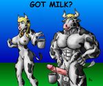  balls blonde_hair blue_eyes bovine breasts bull cattle duo ear_piercing earring female glans green_eyes hair horn horns male mammal muscles nipples penis piercing pussy straight sudonym 