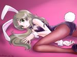  2011 :o alternate_costume animal_ears bare_shoulders bunny_ears bunny_girl bunny_tail bunnysuit eyelashes green_eyes grey_hair long_hair lying minamino_kanade pantyhose pink_background precure ruriruri simple_background suite_precure tail wrist_cuffs 