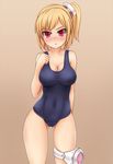  bad_id bad_pixiv_id blonde_hair blush breasts cleavage covered_navel embarrassed emilia_percival large_breasts navel one-piece_swimsuit open_mouth phantasy_star phantasy_star_portable_2 picolumi red_eyes school_swimsuit side_ponytail solo swimsuit taut_clothes taut_swimsuit tsurime 