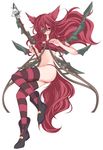  animal_ears ar_tonelico ar_tonelico_iii bra eyepatch flat_chest lingerie long_hair momoko_(ar_tonelico_iii) necktie panties red_eyes red_hair smile solo strapless striped striped_legwear striped_panties tail thighhighs tubetop underwear wand 