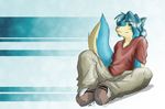  blue blue_hair canine hair long_blue_hair long_hair male sitting solo tail weylyn wolf 