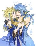  1girl blonde_hair blue_eyes blue_hair bubble closed_eyes couple detached_sleeves dissidia_012_final_fantasy dissidia_final_fantasy final_fantasy final_fantasy_x fingerless_gloves fraternity gloves hetero hug open_mouth personification shinzui_(fantasysky7) smile 