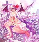  alternate_costume barefoot bat_wings blonde_hair closed_eyes cross feet fetal_position flandre_scarlet hat highres lap_pillow light_smile lingerie lying multiple_girls negligee on_side remilia_scarlet short_hair siblings sisters sitting skull sleeping smile touhou underwear underwear_only wings zrero 