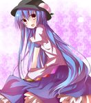  bad_id bad_pixiv_id blue_hair food fruit hat highres hinanawi_tenshi long_hair nunua open_mouth peach red_eyes sitting solo touhou 