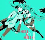  1girl blue boots character_name couple dual_persona genderswap happy hatsune_miku hatsune_mikuo hetero highres image_sample kunieda_(miniaturegarden) laughing md5_mismatch necktie pixiv_sample skirt thigh_boots thighhighs vocaloid 