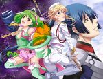  2girls ai-kun alien blonde_hair blue_eyes blue_hair brown_eyes flag gloves green_hair hat jewelry long_hair macross macross_frontier macross_frontier:_sayonara_no_tsubasa microphone military military_uniform multiple_girls necktie open_mouth pet pilot_suit ponytail ranka_lee s.m.s. saotome_alto seven_(11) sheryl_nome short_hair single_earring thighhighs top_hat uniform vajra 